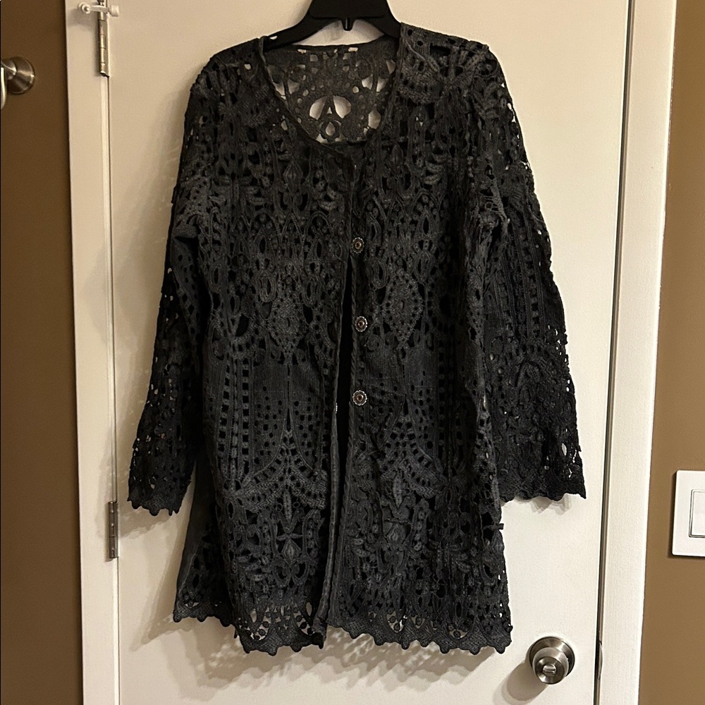 Black Crochet Button-Front Women's Top